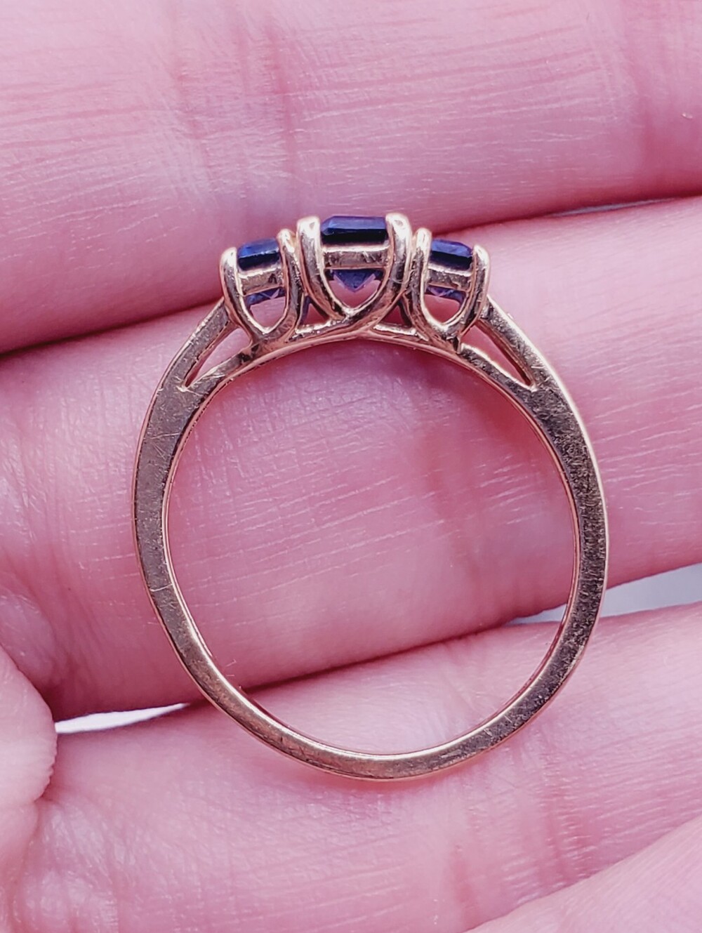 10k Solid Yellow Gold Ring with Three Blue Sapphire Radiant Cut Stones - Picture 7 of 11